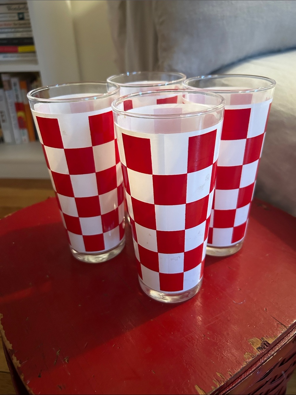 Vintage Red & White Check Glass Tumblers - Set of 4 packed carefully